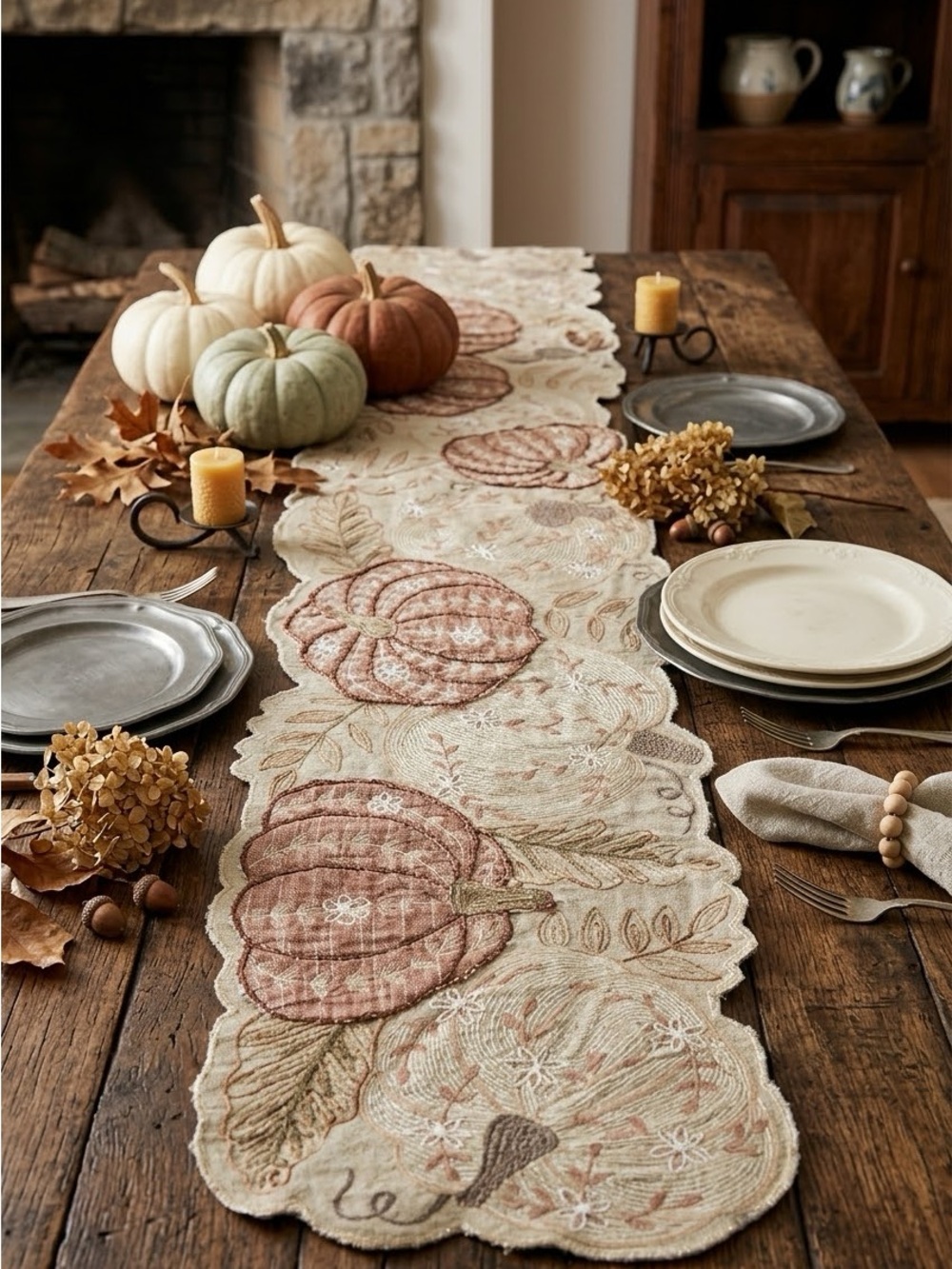 Nicole Miller Home beaded table runner featuring a festive fall pumpkin and leaf